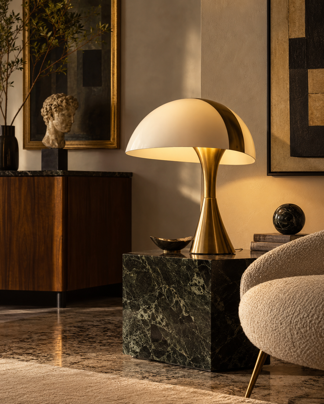 Lampada di design del Novecento in ottone esposta in interno elegante