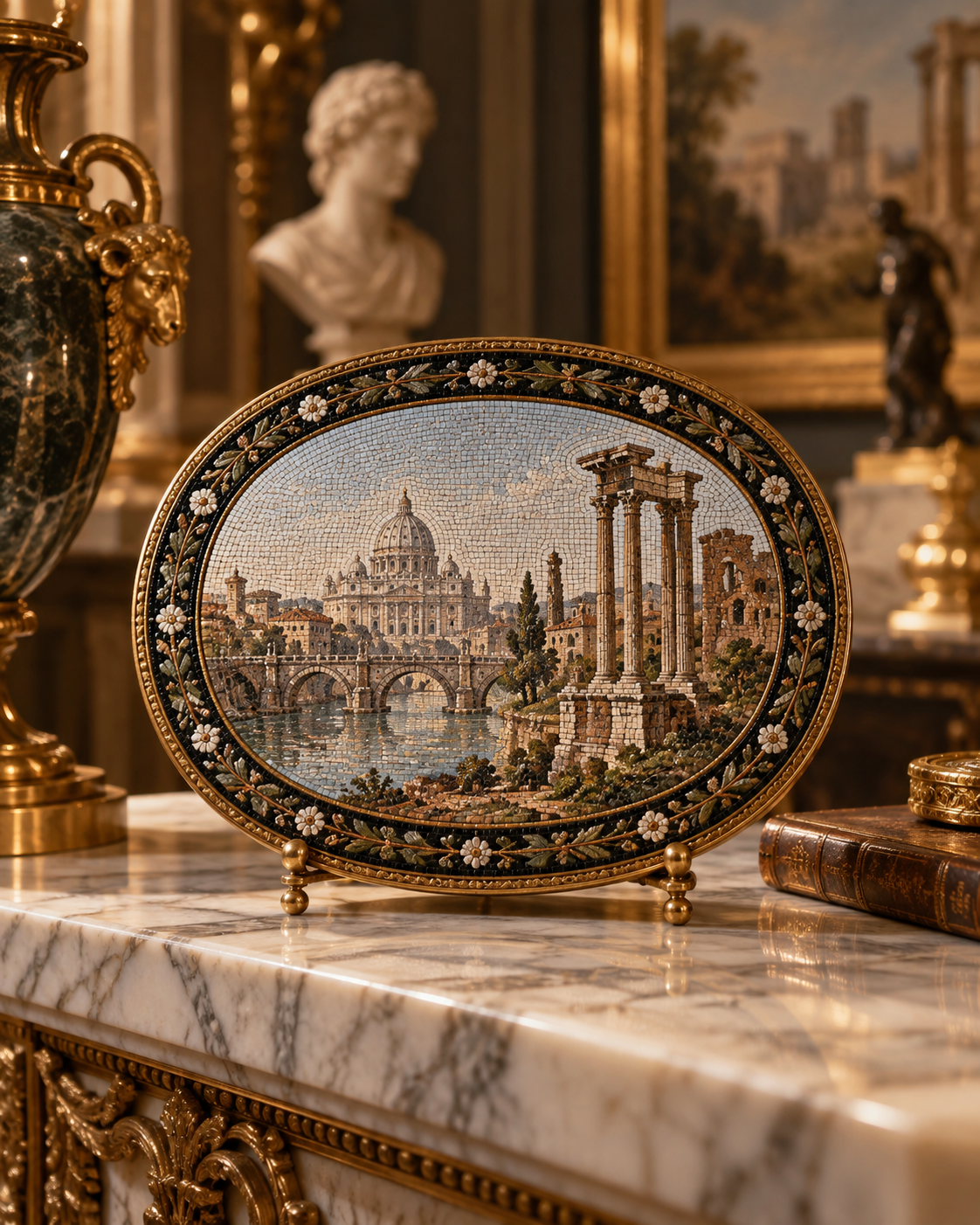 Micromosaico romano antico con veduta di Roma e monumenti classici