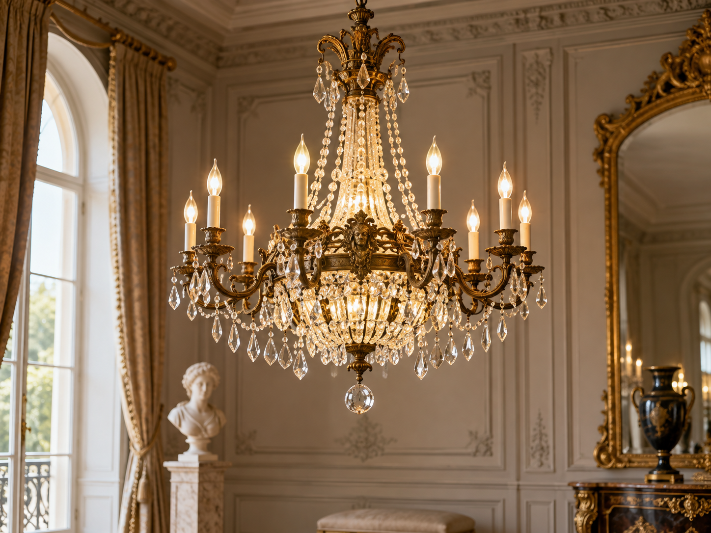 Lampadario antico in bronzo e cristallo in ambiente d'epoca