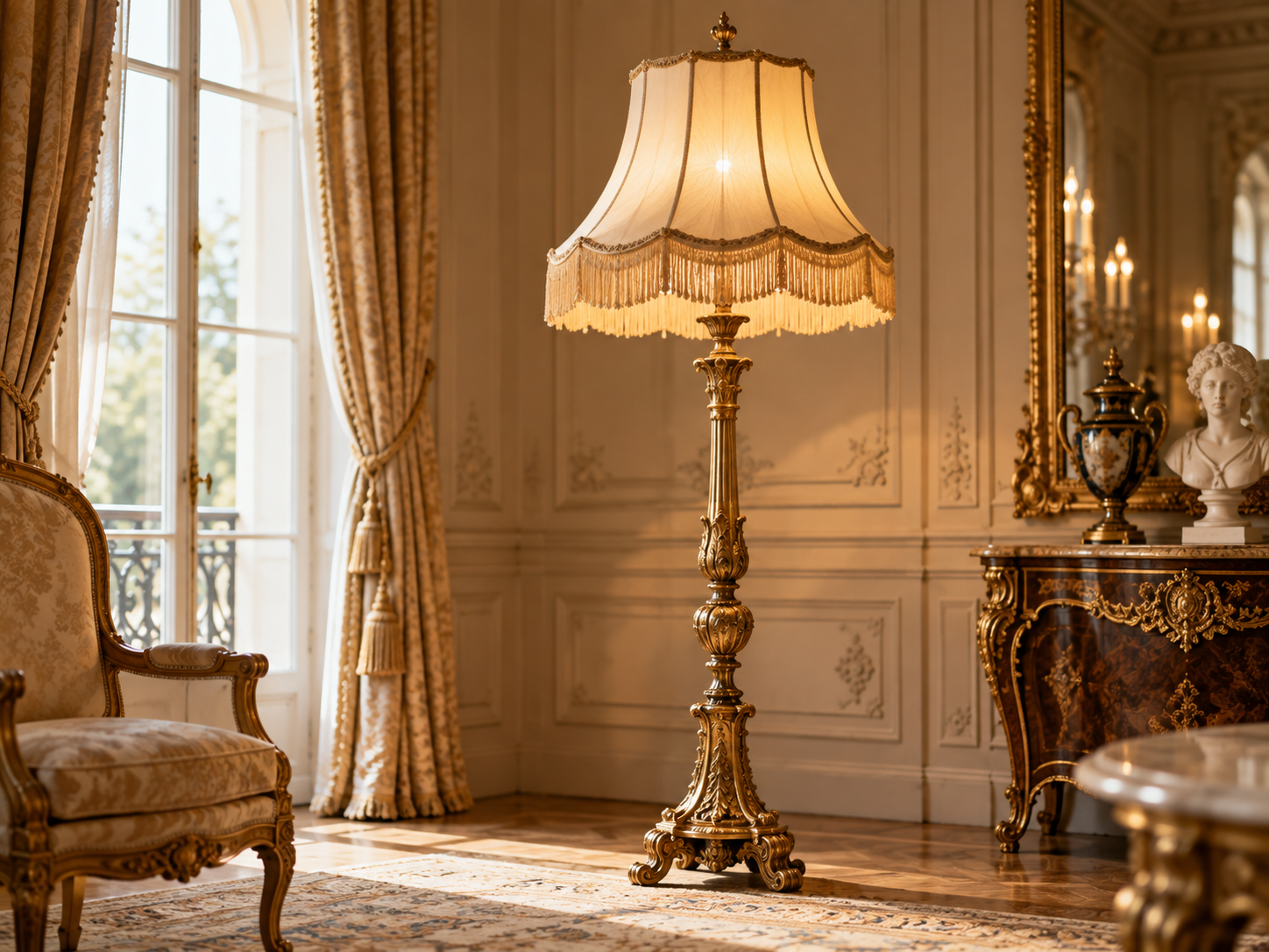 Lampada da terra antica con paralume in ambiente elegante