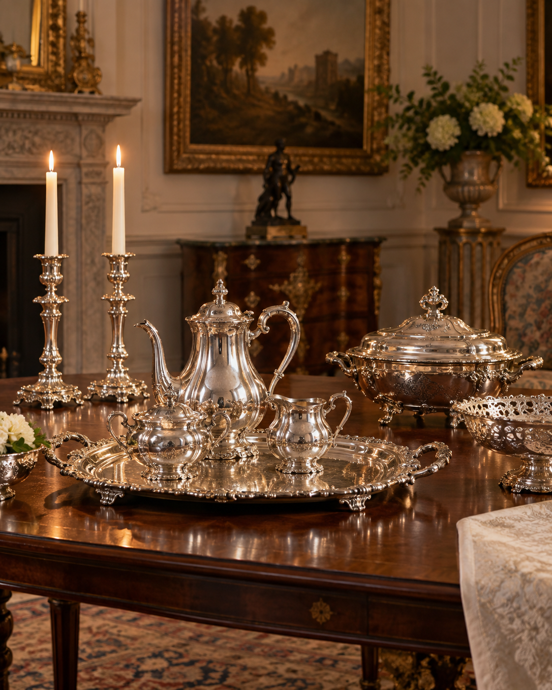 Servizio da tavola in argento antico in interno elegante, valutazione antiquariato a Roma
