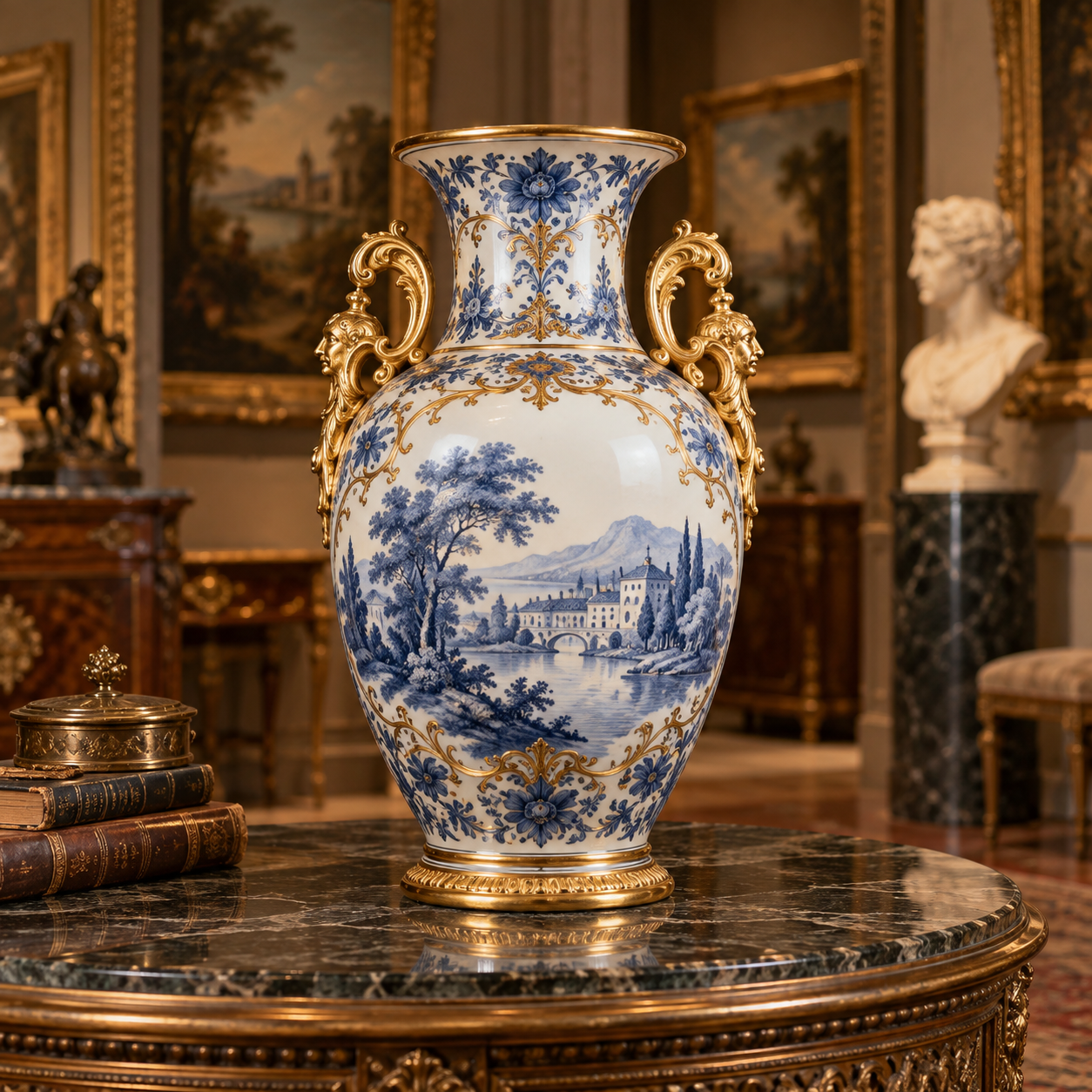 Grande vaso decorativo in porcellana antica blu e oro